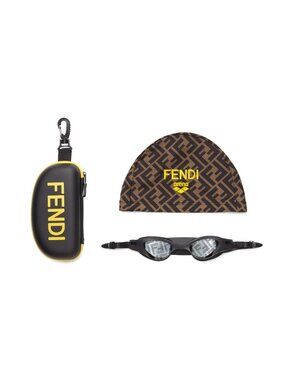 NWT Fendi x Arena Brown Logo Swim Cap and Goggles Set
